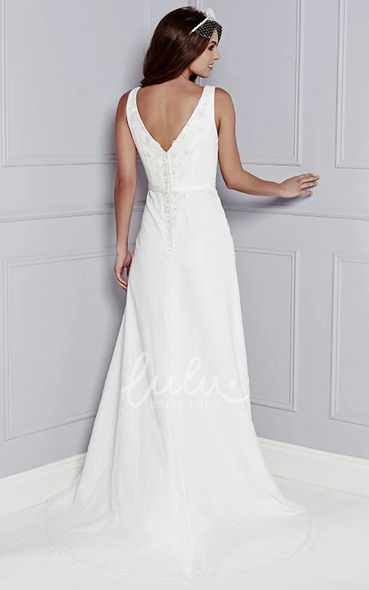 Sheath Wedding Dress with V-Neckline and Beaded Appliques