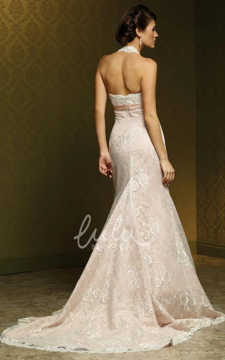 Lace V-Neck Wedding Dress with Bow and Pleats Sheath Floor-Length