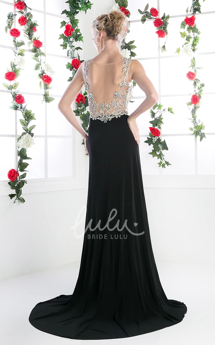 A-Line Illusion Court Train Jersey Formal Dress with Beading