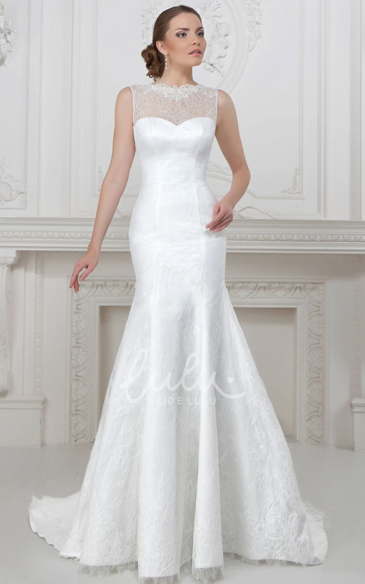 Jewel-Neck Mermaid Wedding Dress with Lace and Satin Sleeveless Floor-Length