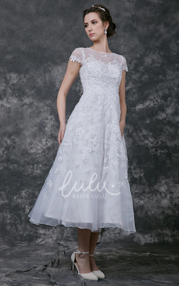 Tea-length Lace Wedding Dress with Short Sleeves