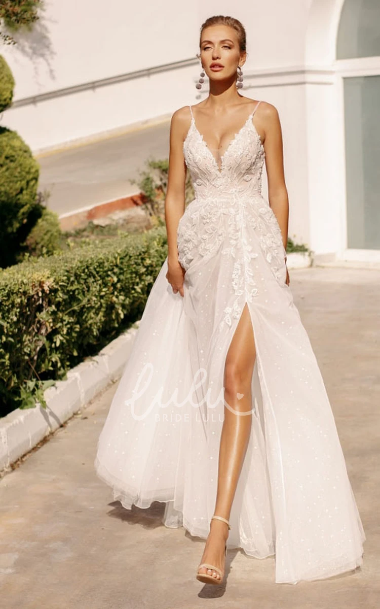 A Line Lace Wedding Dress with Split Front and Open Back Simple Wedding Dress with Spaghetti Straps