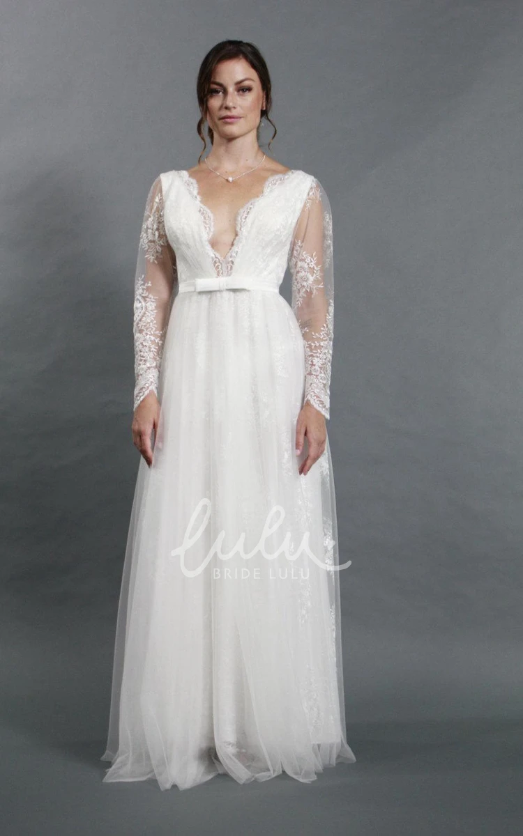 Sexy A-Line Tulle Wedding Dress with Deep-V Neckline and Long Sleeves