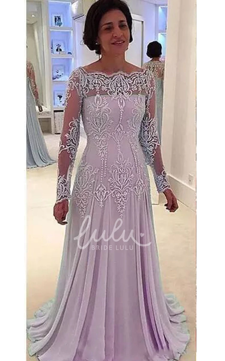 Chiffon Lace Mother of the Bride Dress A-line Floor-length Long Sleeve Bateau Pleated