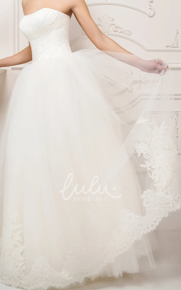 Ruched A-Line Tulle Wedding Dress with Strapless Neckline and Appliques
