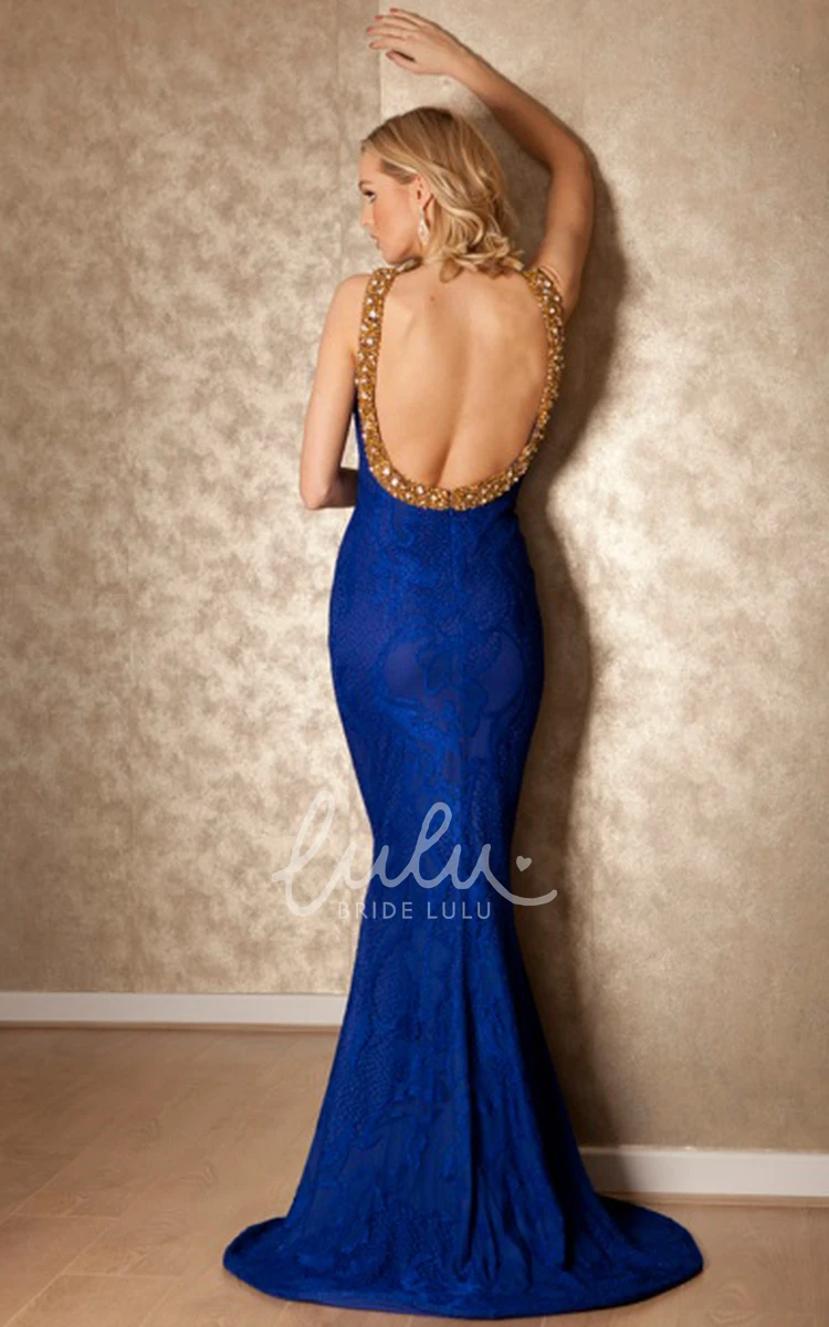 High Neck Beaded Lace Prom Dress with Brush Train Sleeveless