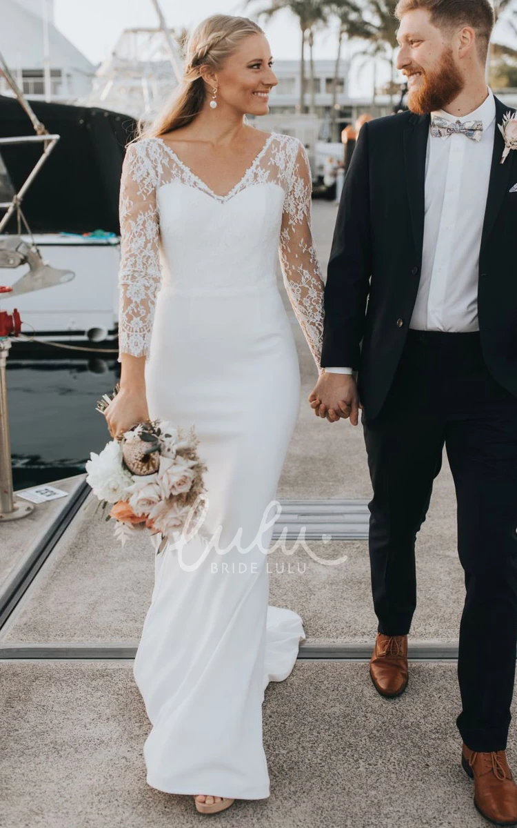 Romantic Long Sleeve Lace Satin Sheath V-neck Wedding Dress with Sweep Train