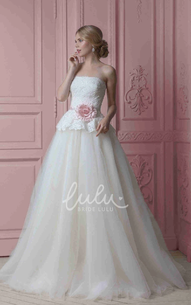 A-Line Tulle&Lace Wedding Dress with Peplum Floor-Length Strapless Sleeveless Flower