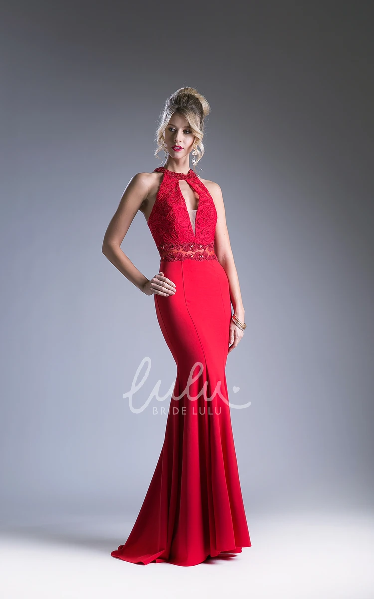 High Neck Sleeveless Maxi Jersey Dress with Lace and Appliques Formal Dress