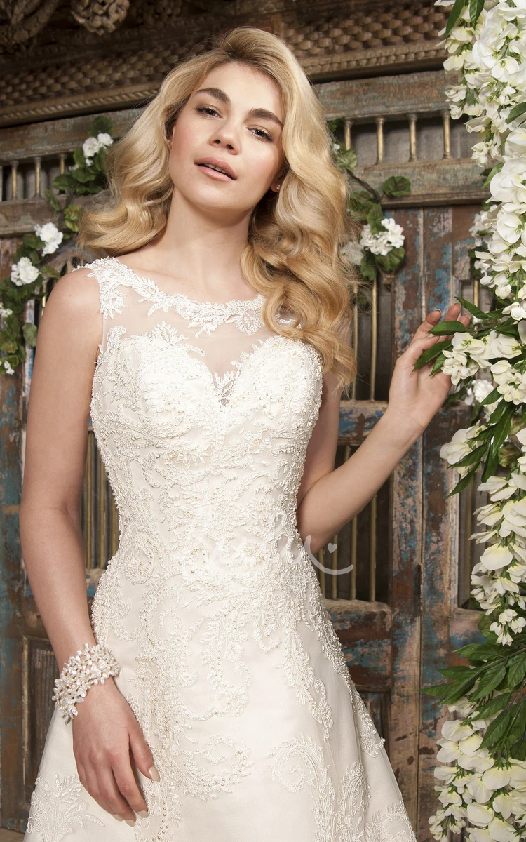 Bateau Neck Lace Appliqued Sleeveless A-Line Wedding Dress Court Train