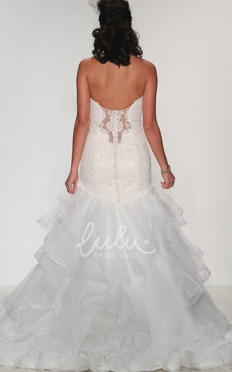 Organza and Lace Tiered Wedding Dress with Appliques and Deep-V Back A-Line Style