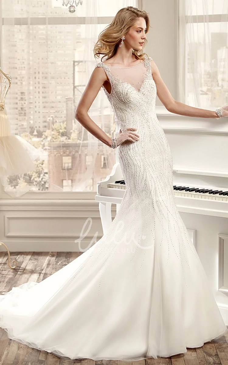 Beaded Mermaid Illusive Neckline Wedding Dress with Open Back