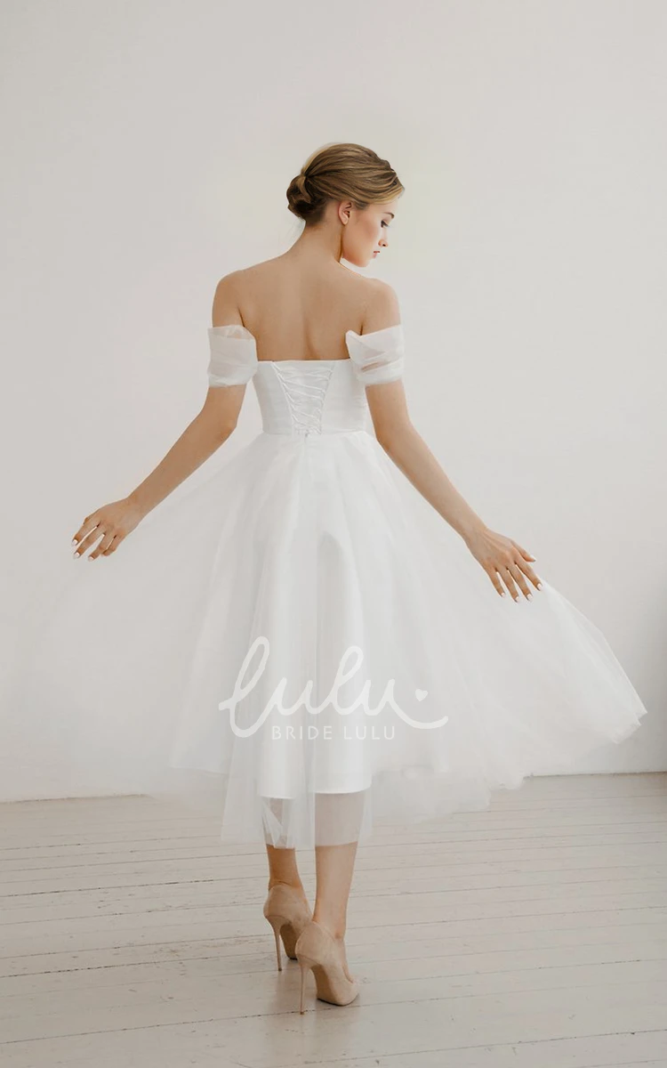Tulle Simple Sexy Adorable Modern A-Line Off-the-shoulder Sweetheart Garden Petite Tea-length Pleats Sleeveless Backless Lace-up Back Wedding Dress Gown