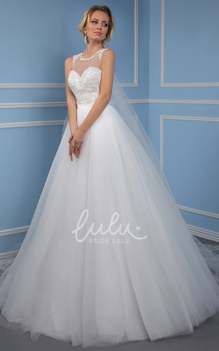 Appliqued Scoop Tulle Wedding Dress with Illusion Back Maxi Ball Gown