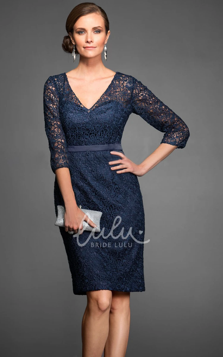 Knee-Length Sheath Mother Of The Bride Dress V-Neck Lace Sleeves