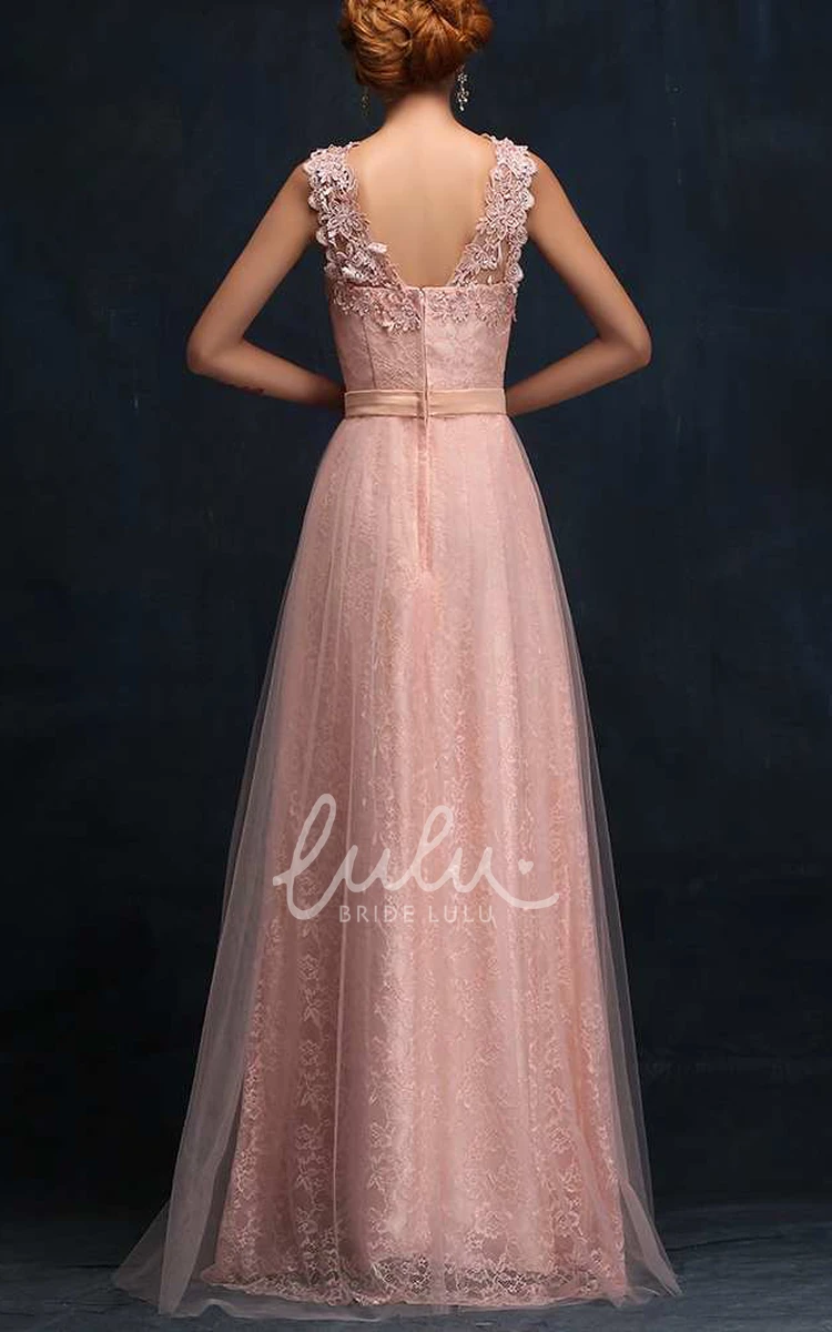 A-line Lace Tulle Formal Dress with Beaded Sash Long & Strappy