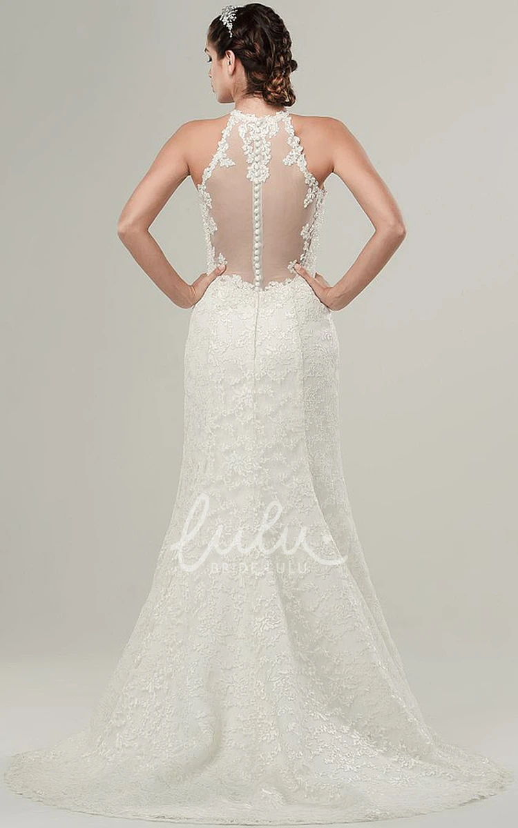 Illusion Long Lace Wedding Dress with High Neck & Sweep Train