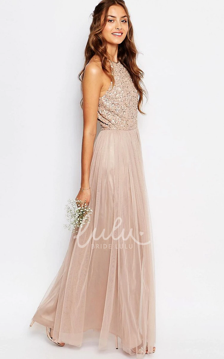 High Neck Tulle Bridesmaid Dress with Beading and Sleeveless A-Line