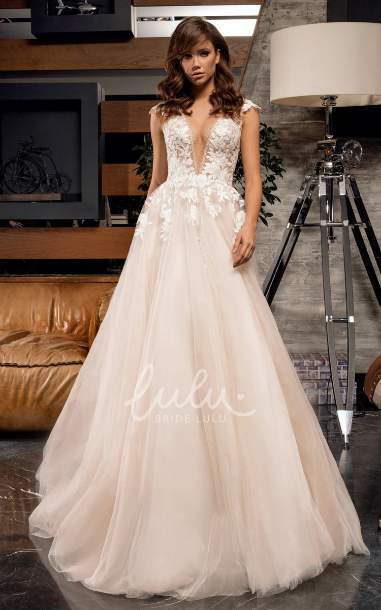 Ball Gown Tulle Wedding Dress with Plunging Neckline and Train Romantic and Timeless