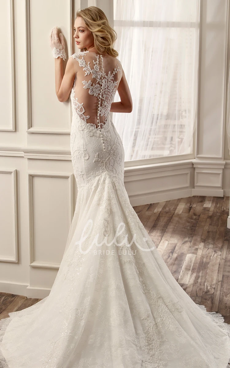 Sheath Mermaid Wedding Dress with Jewel-Neck Appliques and Illusive Back