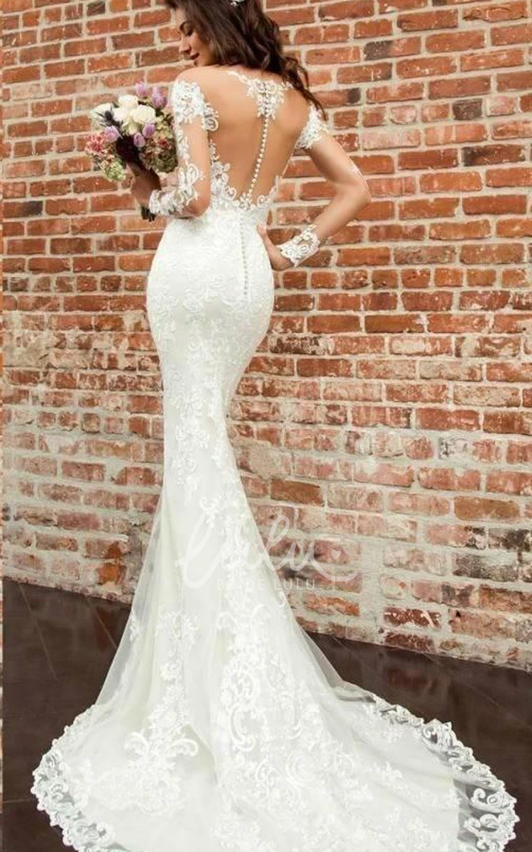 Buttoned Court Train Mermaid Wedding Dress with Lace Bateau Neck and 3/4 Sleeves