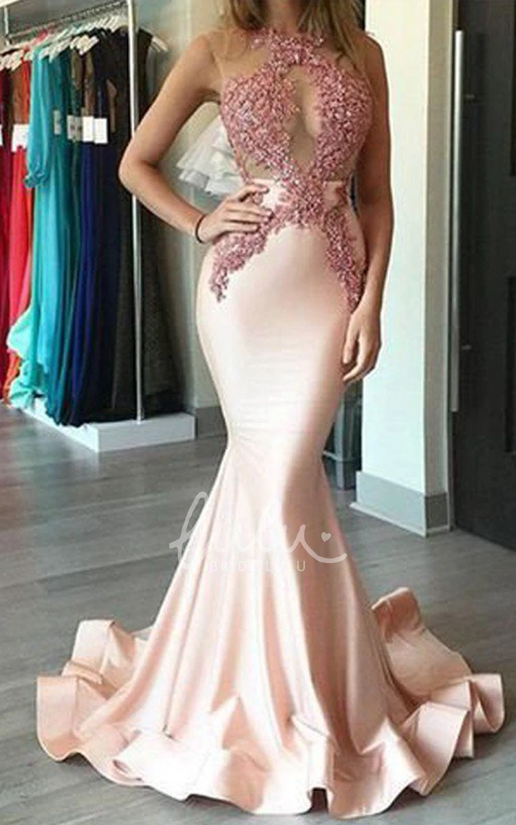 High Neck Sleeveless Mermaid Satin Lace Formal Dress with Brush Train