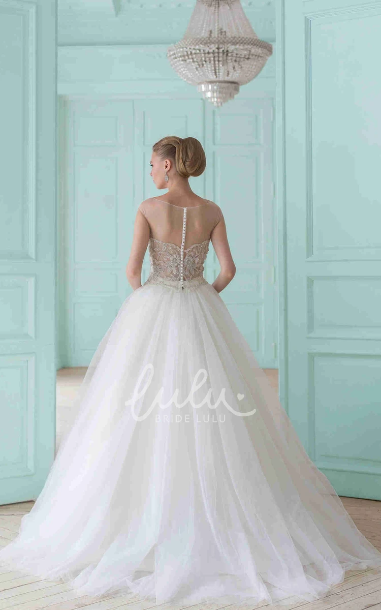 Illusion Tulle Wedding Dress with Beading Ball Gown Sleeveless Scoop-Neck