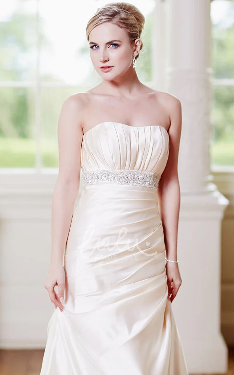 Jeweled Satin Wedding Dress with Draping and Corset Back Strapless Maxi Style