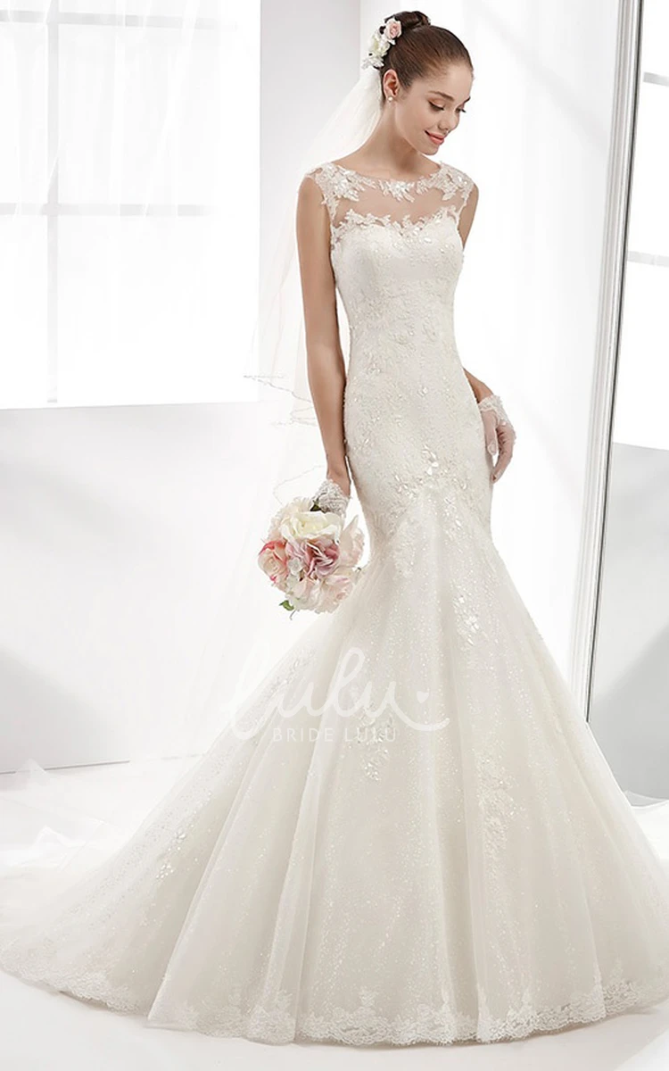 Illusive Neckline Sheath Wedding Dress with Jewel Neck and Mermaid Silhouette