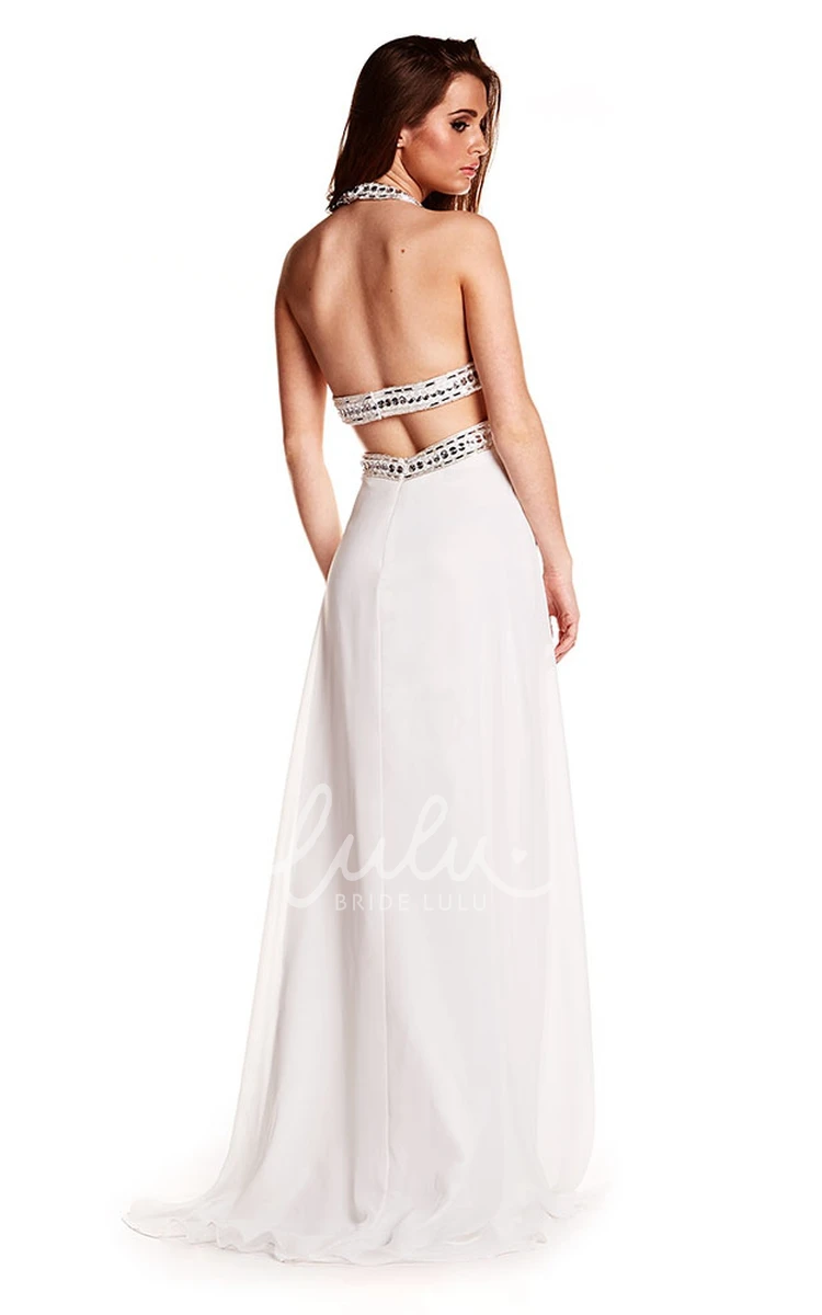 Beaded Halter Chiffon Prom Dress with Train Sleeveless Flowy Boho Women