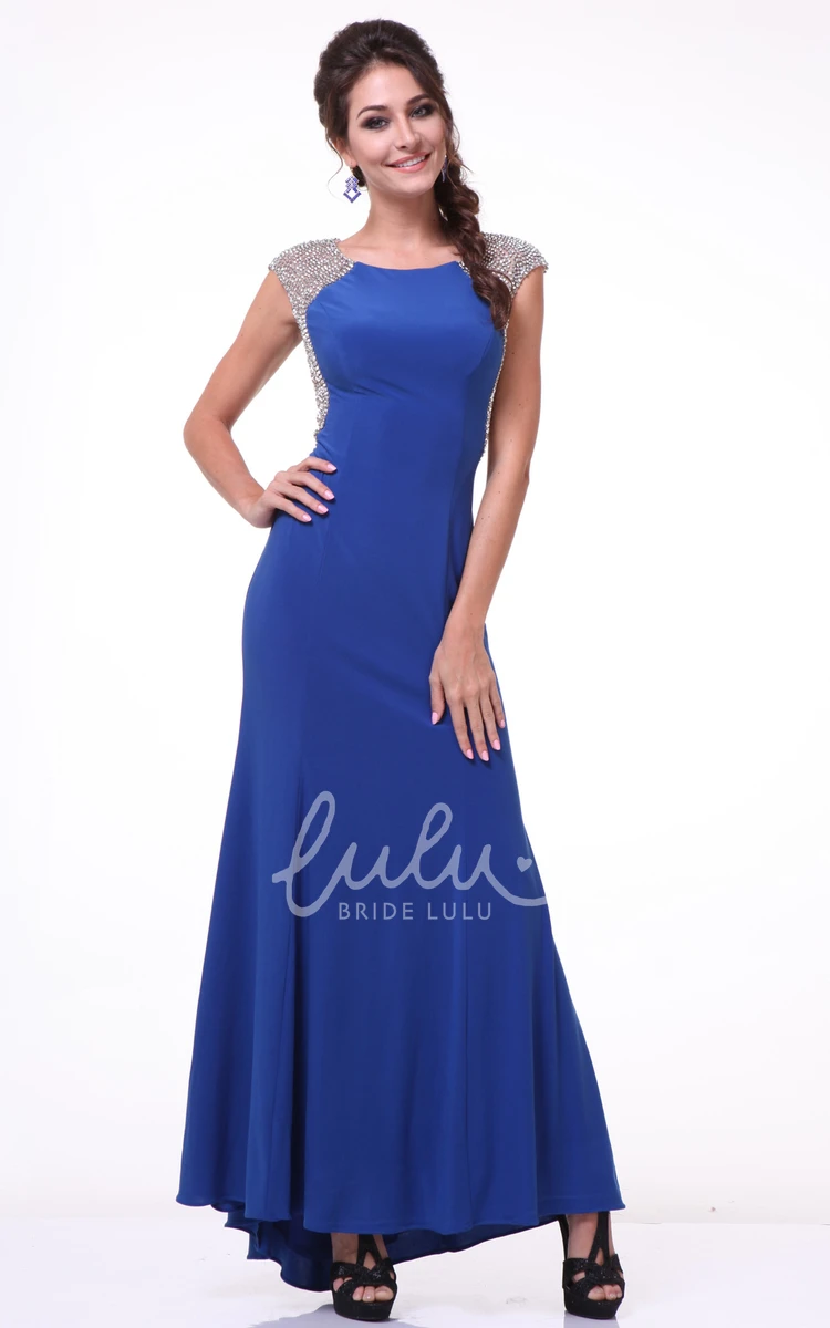 Floor-Length Scoop-Neck Cap-Sleeve Jersey Dress With Beading Sheath