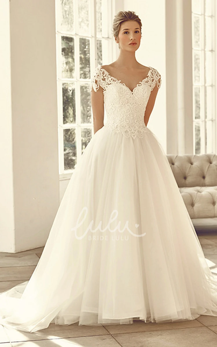 Cap-Sleeve V-Neck Lace and Tulle Wedding Dress Long Bridal Gown