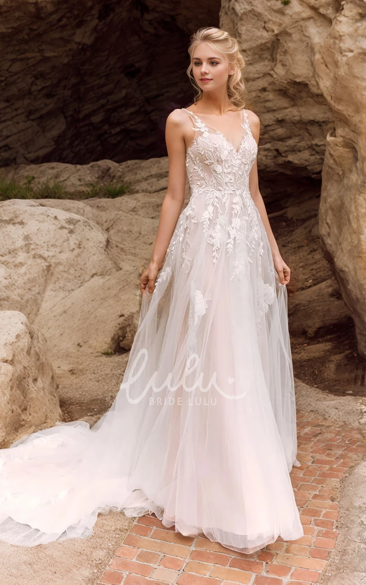 Elegant A-Line Fall Autumn Sleeveless Bobo Lace Wedding Dress with Train Deep-V Back Gown