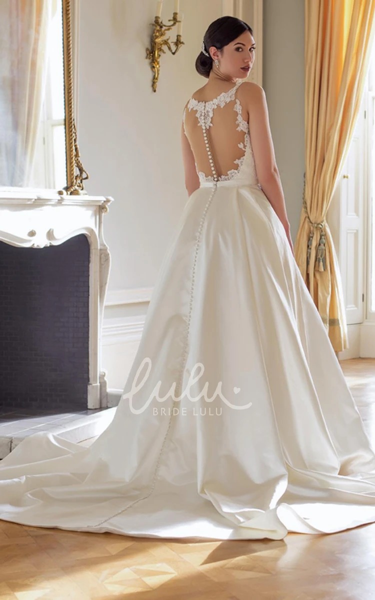 Satin&Lace A-Line Wedding Dress with Bateau-Neck Sleeveless Elegant Wedding Dress