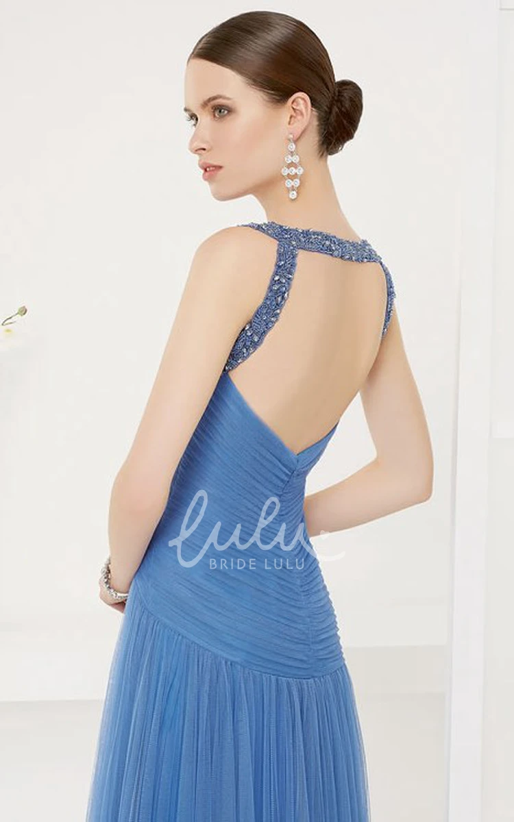 Crystal Back Straps A-Line Tulle Prom Dress Long Elegant Prom Dress with V Neck