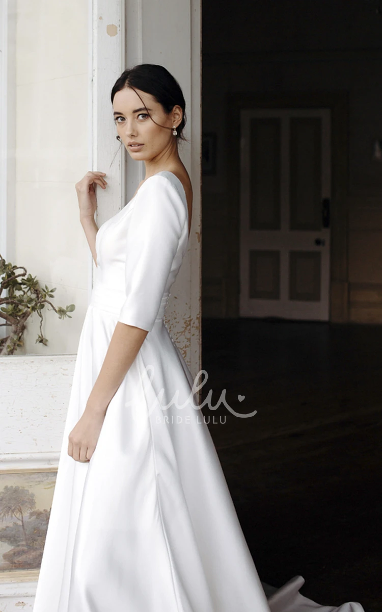 Elegant Satin V-Neck Wedding Dress with 3/4 Sleeves and Court Train