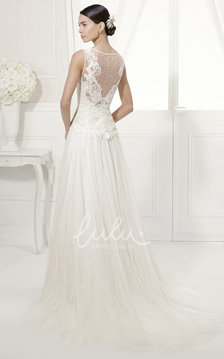 Appliqued Bodice Bridal Gown with Pleated Tulle Skirt Jewel Neckline