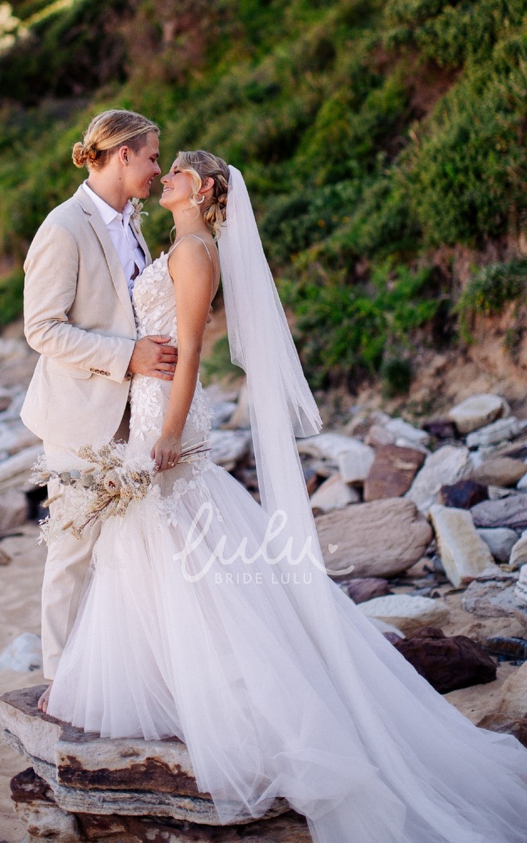 Long Sleeve V-neck Ivory Chiffon Lace Boho Wedding Dress - Promfy