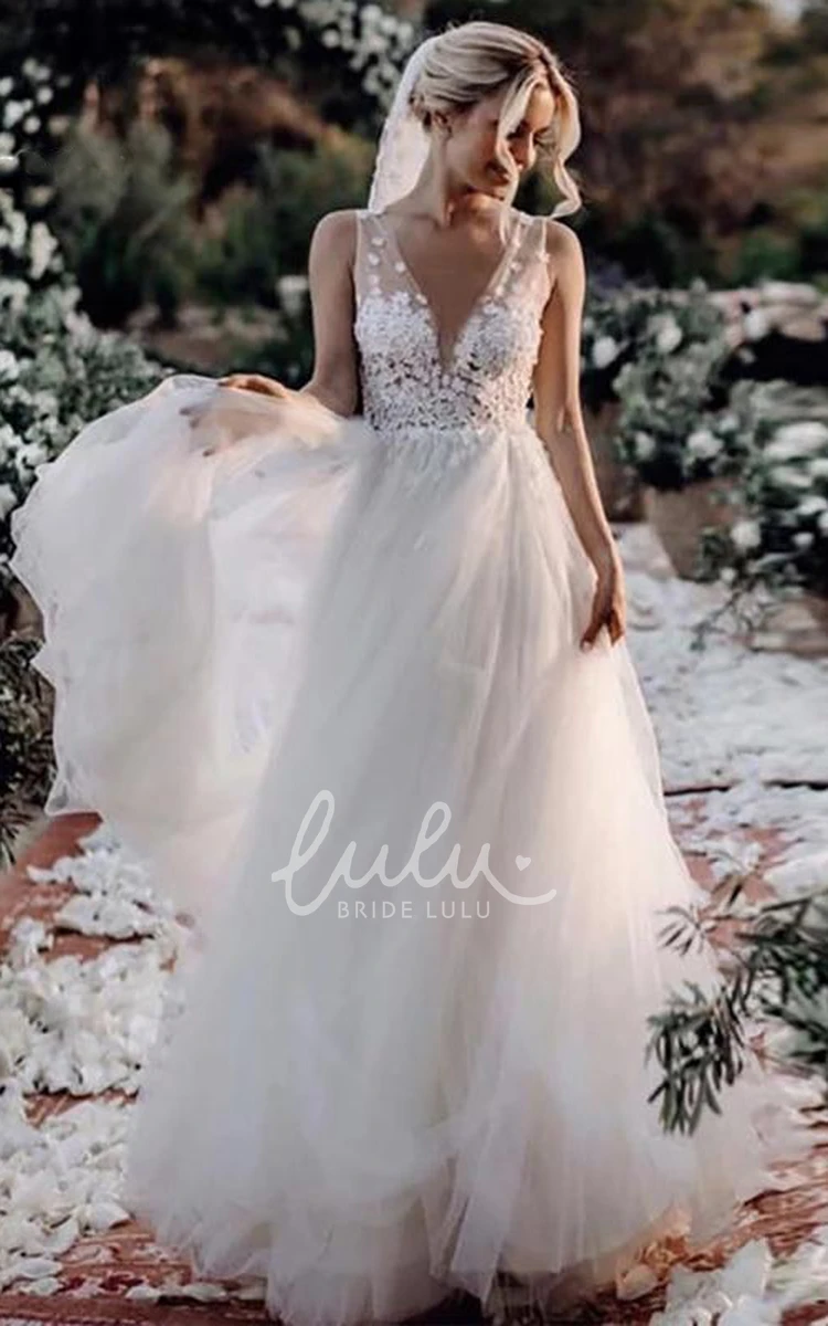 Sleeveless Lace Tulle Bohemian Illusion Deep-V Back Wedding Dress with Appliques Boho Lace Wedding Dress