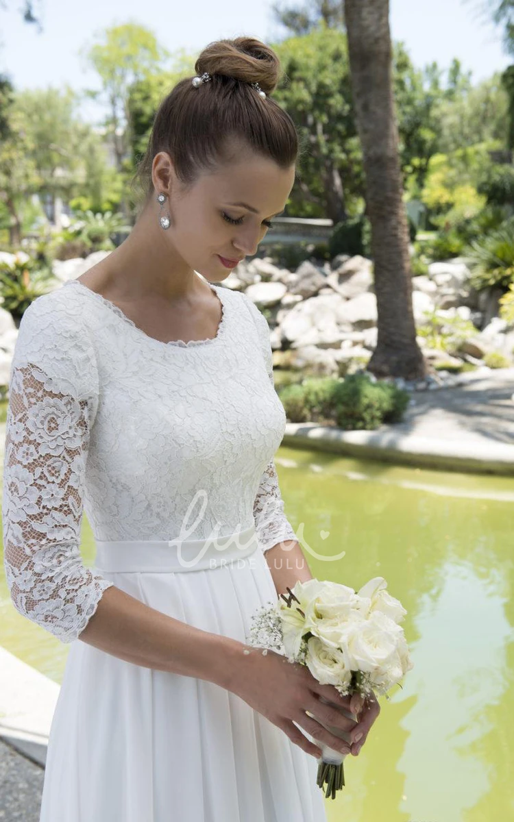 Modest Lace Chiffon Beach Wedding Dress with Scoop Neck and Sleeves Casual Bridal Gown