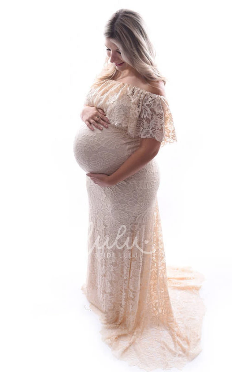 Empire Maternity Dress with Short Sleeves and Court Train