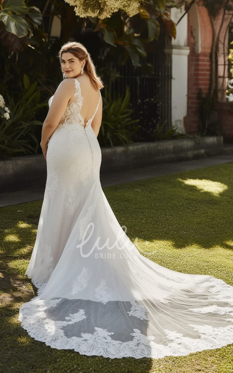 2024 Plus Size Mermaid Lace Tulle Wedding Dress Sleeveless Court Train Country Garden