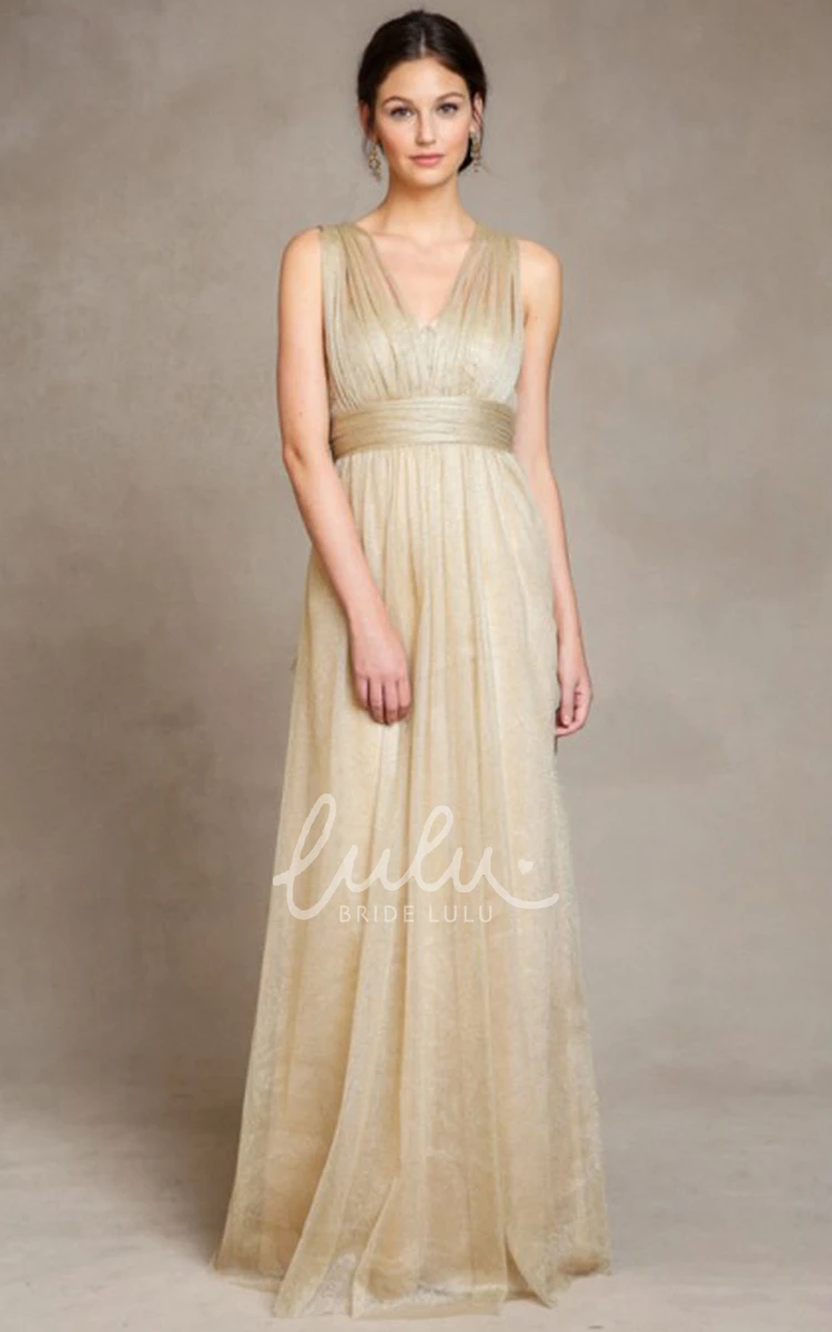 Empire V-Neck Tulle Bridesmaid Dress with Straps and Draping Sleeveless Bow Detail