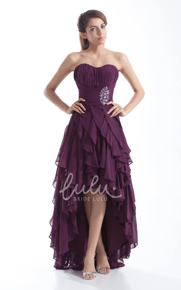 High-Low Chiffon Prom Dress with Beading and Cascading Ruffles Sleeveless Sweetheart