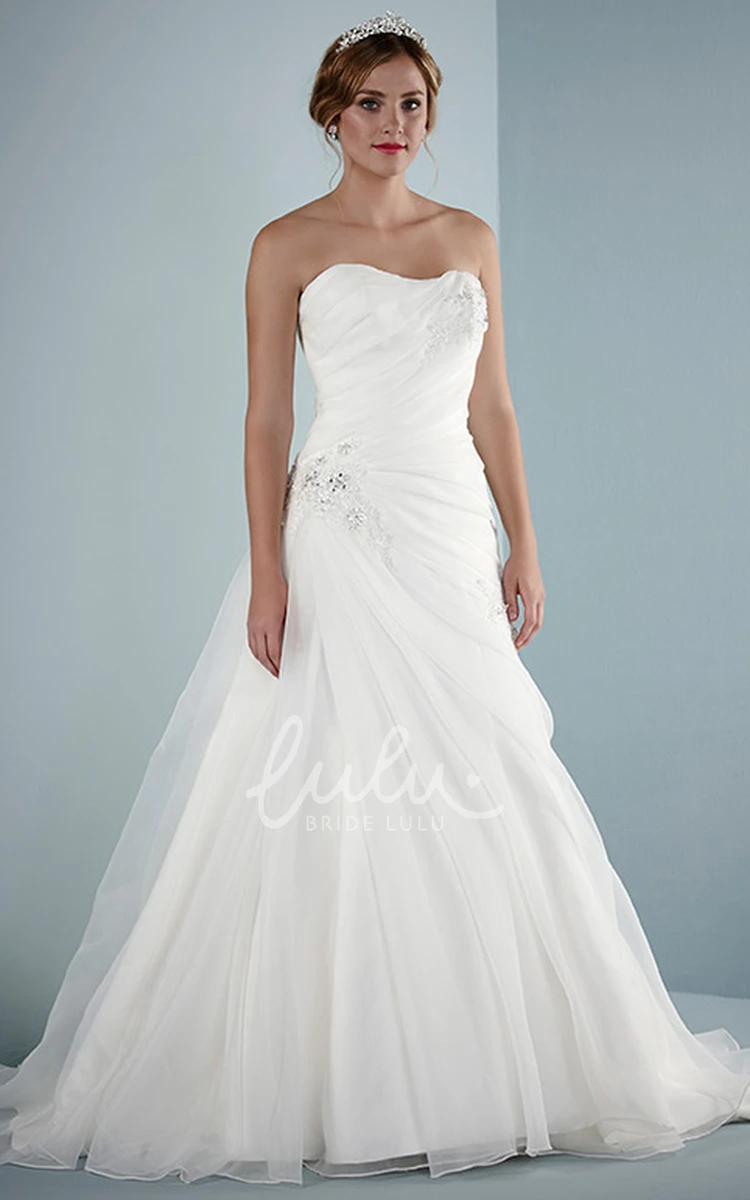 Tulle A-Line Wedding Dress with Strapless Neckline and Beading Floor-Length