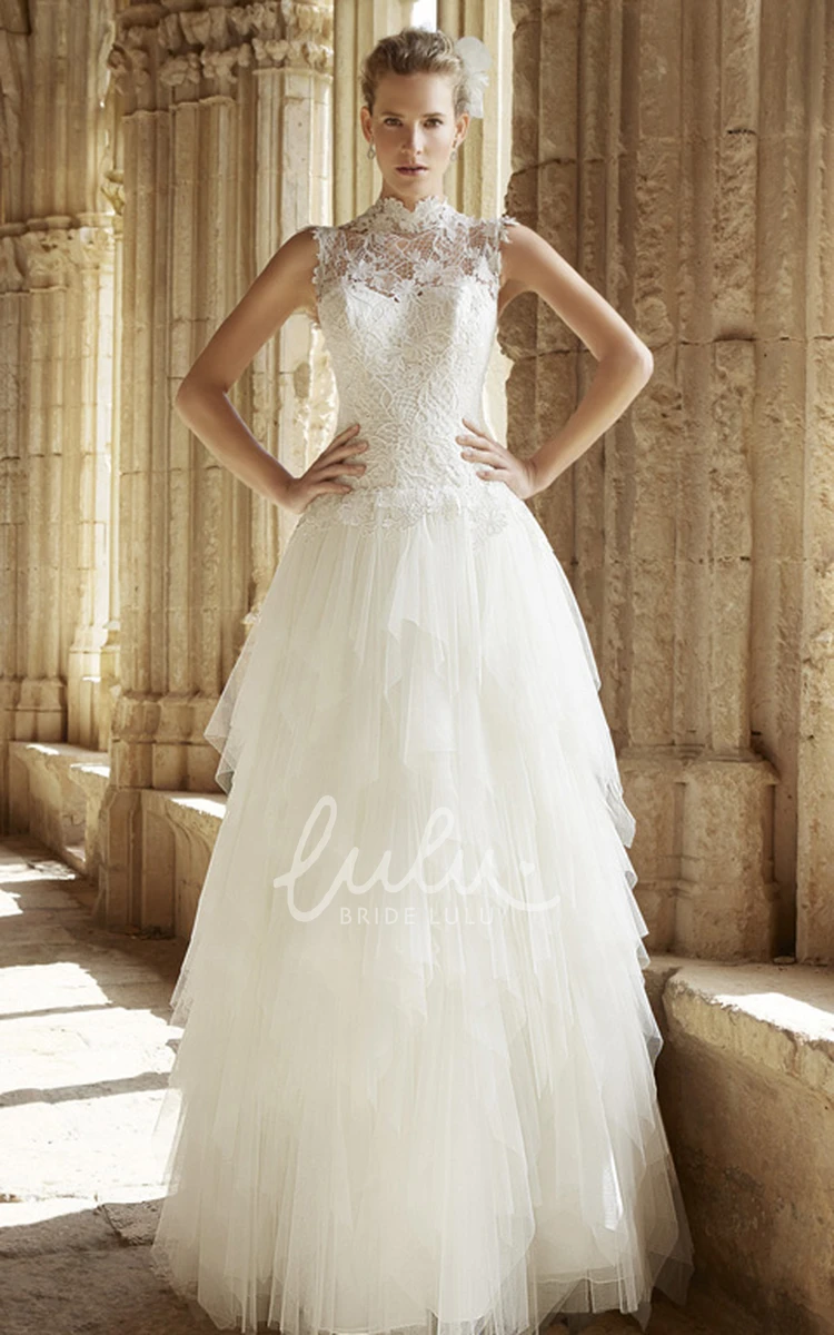 Cascading-Ruffle A-Line Tulle Wedding Dress with High Neck and Illusion Back