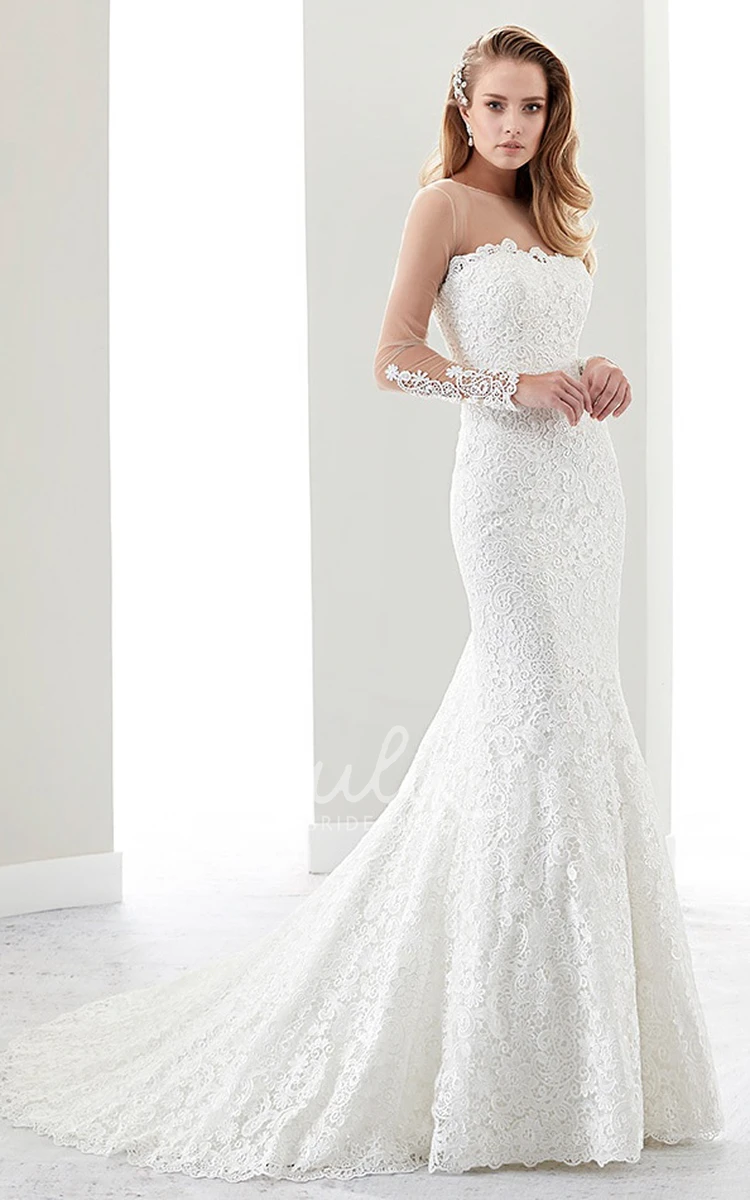 Sheath Mermaid Lace Wedding Dress with Brush-Train and Keyhole Back in Strapless Design