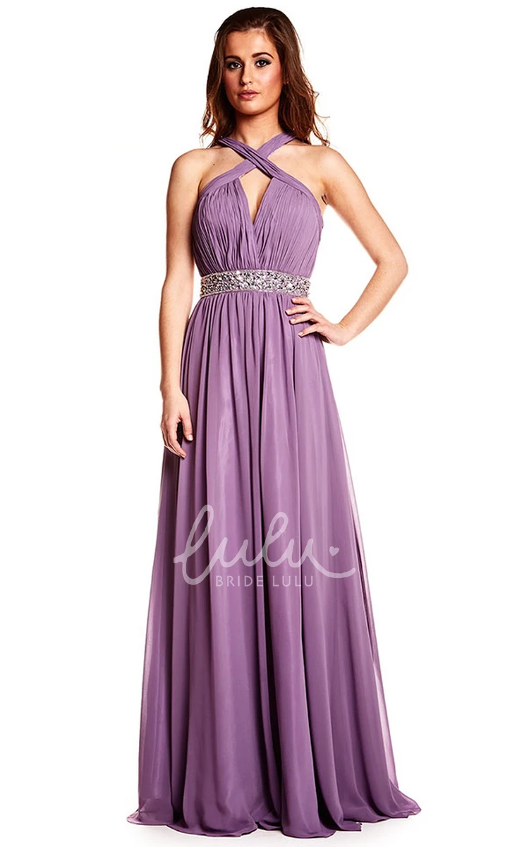 Halter Chiffon Prom Dress with Ruched Bodice Sleeveless