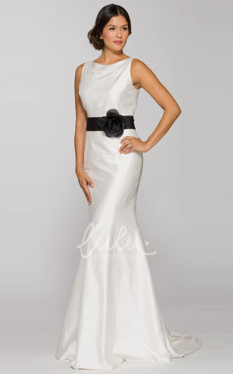 Long Satin Floral Wedding Dress With Bow Sleeveless Sheath Jewel-Neck