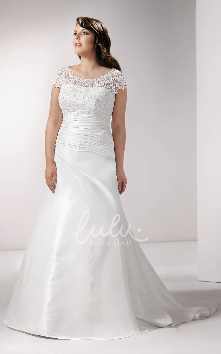 Brush Train Ruched Wedding Dress with Lace Caped Sleeves